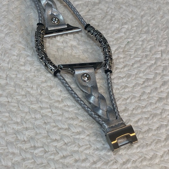 Apple Watch Silver Braided Leather Bracelet watch band - Picture 3 of 7